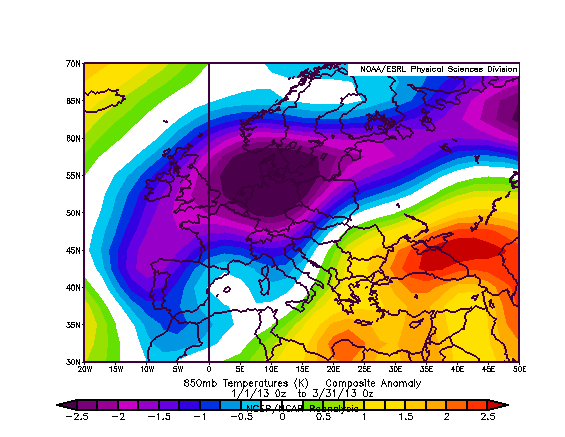 Meteo ASSAM Regione Marche - anomalia temp 850hPa gennaio-marzo 2013